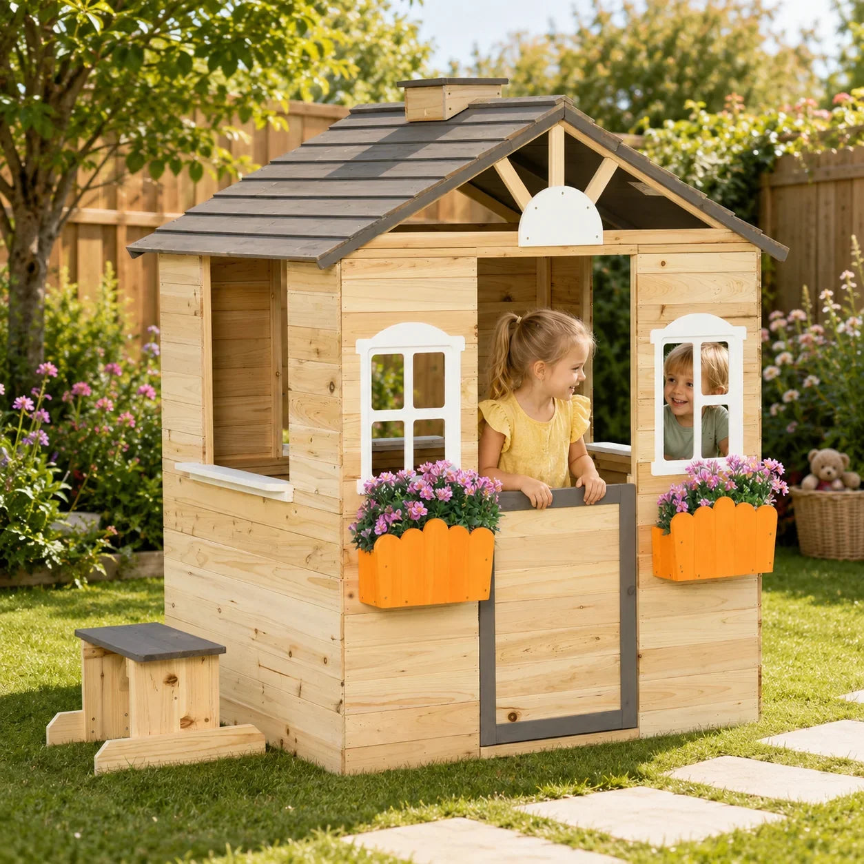 Wooden Playhouse Cottage with Bench and Service Station