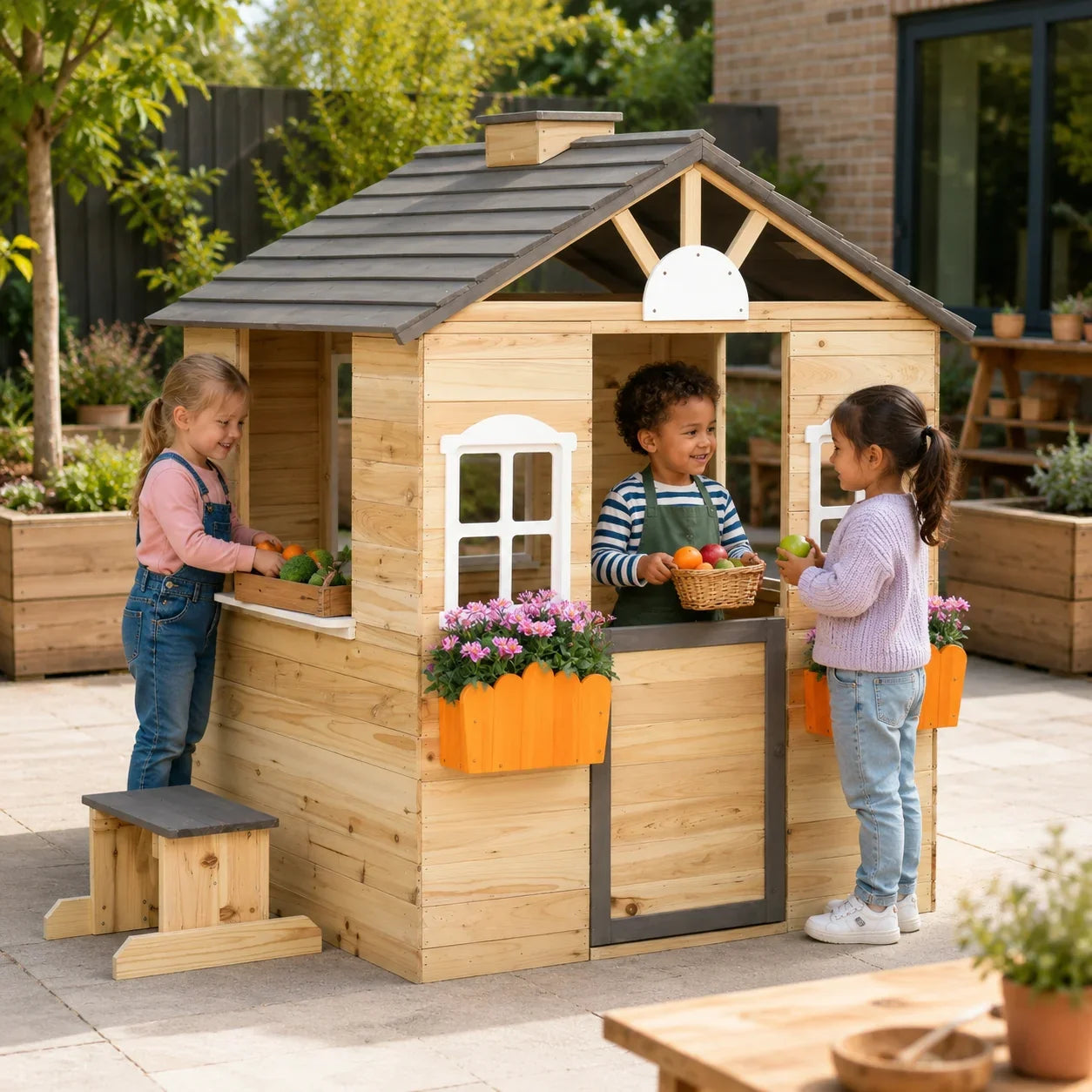 Wooden Playhouse Cottage with Bench and Service Station