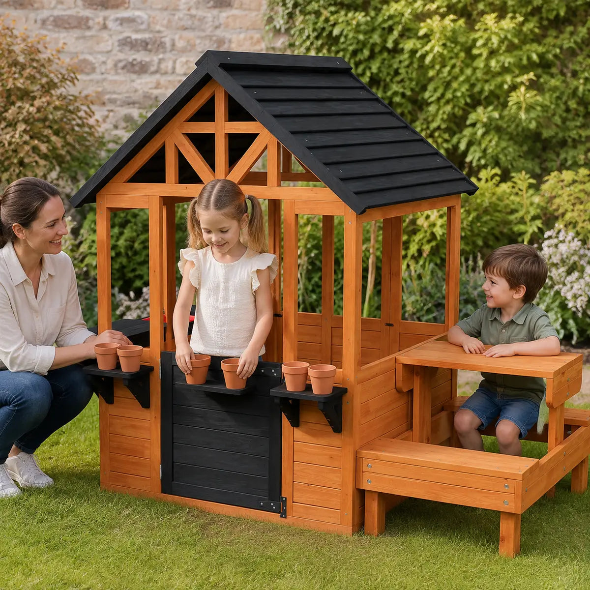 Wooden Playhouse with Table, Benches and Sink – Natural