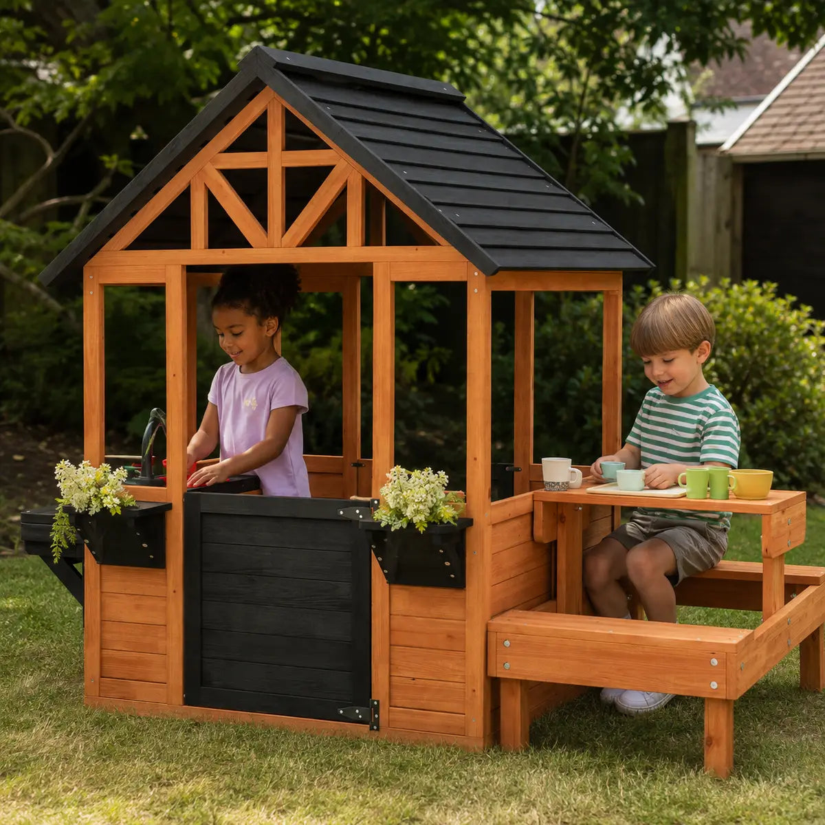 Wooden Playhouse with Table, Benches and Sink – Natural