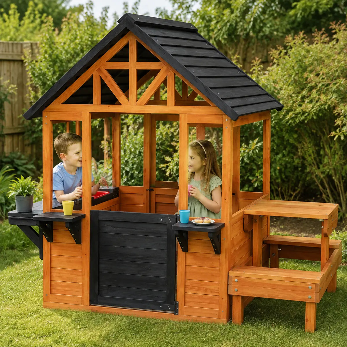 Wooden Playhouse with Table, Benches and Sink – Natural