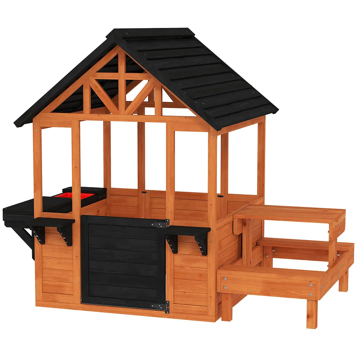 Wooden Playhouse with Table, Benches and Sink – Natural