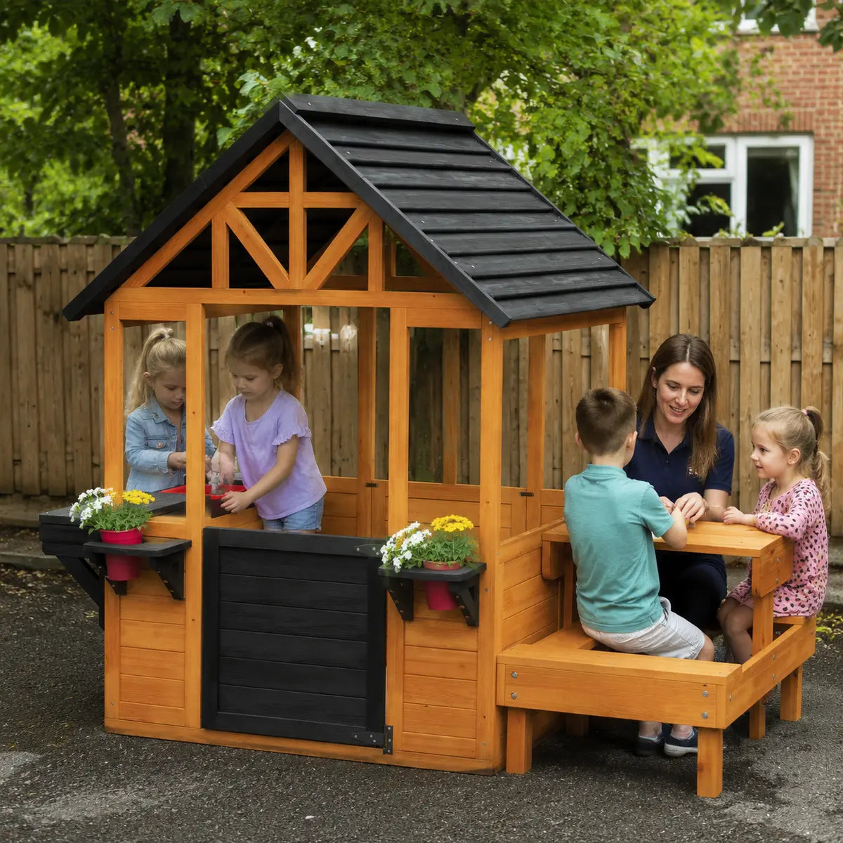 Wooden Playhouse with Table, Benches and Sink – Natural