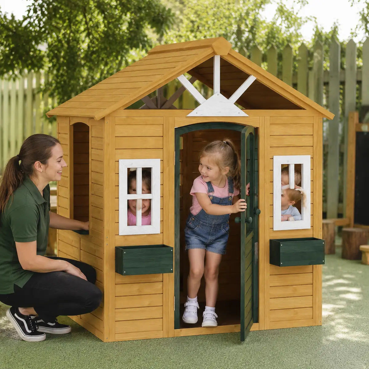 Wooden Wendy House with Door, Windows and Flower Boxes
