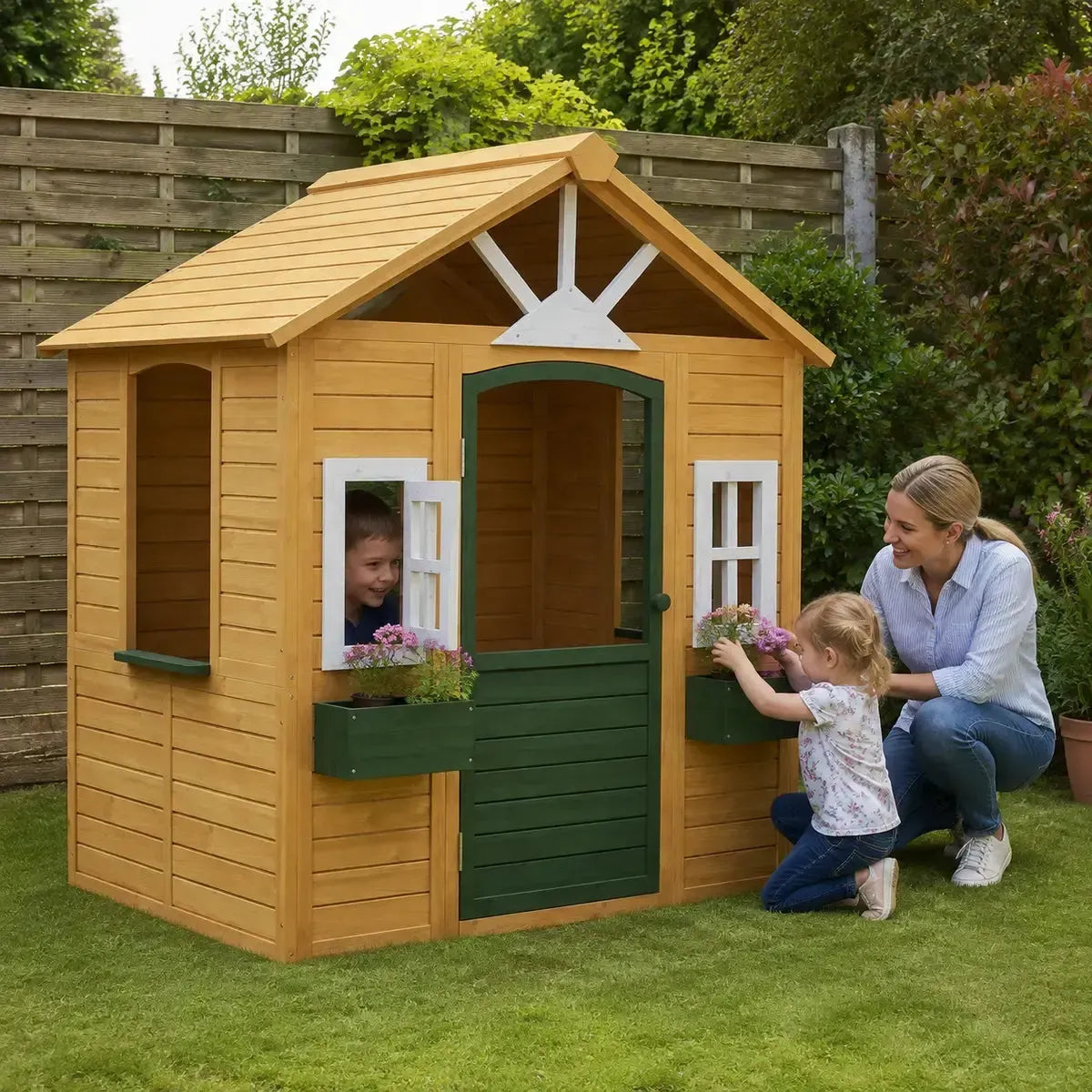 Wooden Wendy House with Door, Windows and Flower Boxes