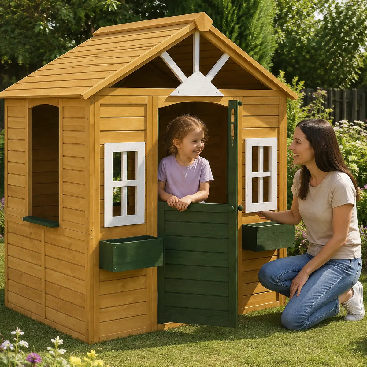Wooden Wendy House with Door, Windows and Flower Boxes