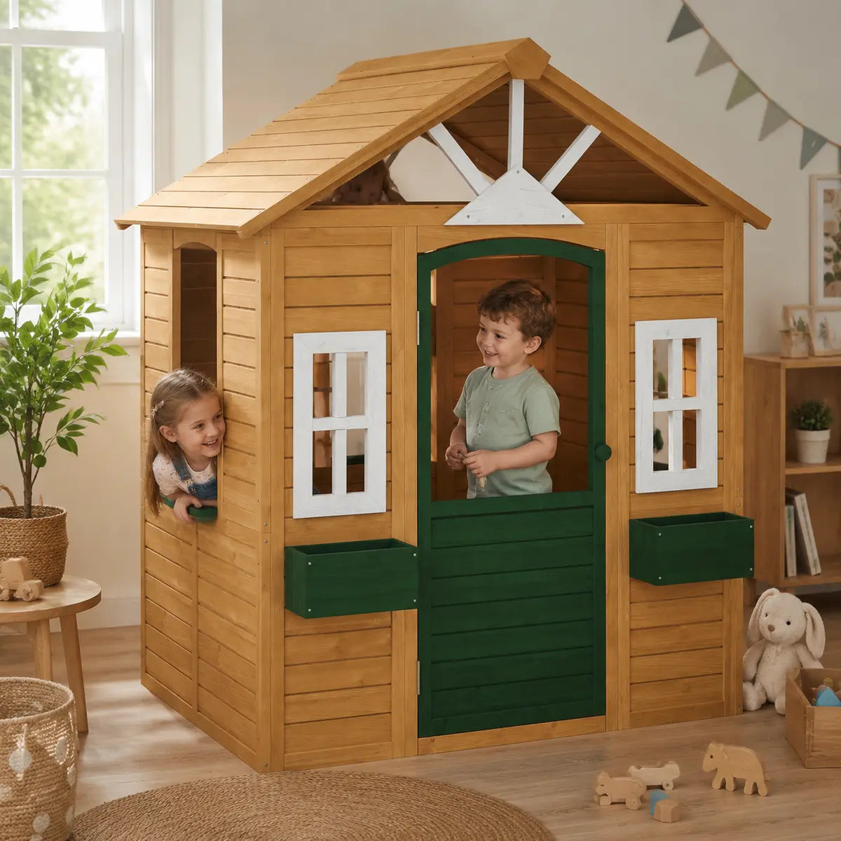 Wooden Wendy House with Door, Windows and Flower Boxes